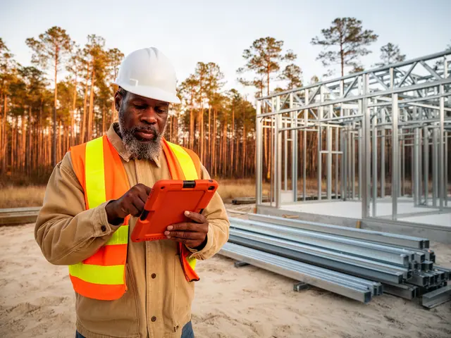 Builder in a white hard hat and orange safety vest checking a tablet beside a new steel building frame among pines