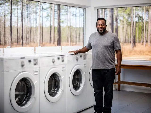 Laundromat owner smiling beside a row of new white front-load washing machines