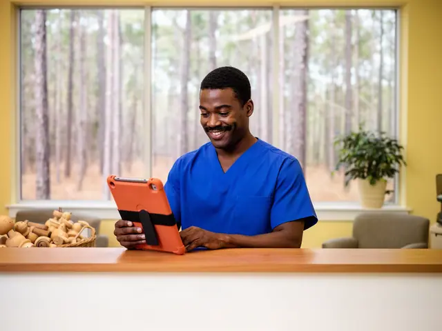 Office manager in royal-blue scrubs smiling at a tablet behind a clinic reception counter with a pine-view window