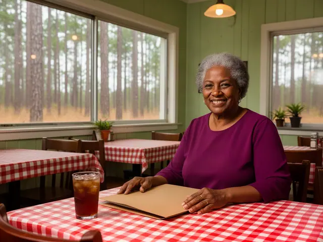 Smiling restaurant owner with grey curls seated at a checked-tablecloth table with a closed folder and iced tea