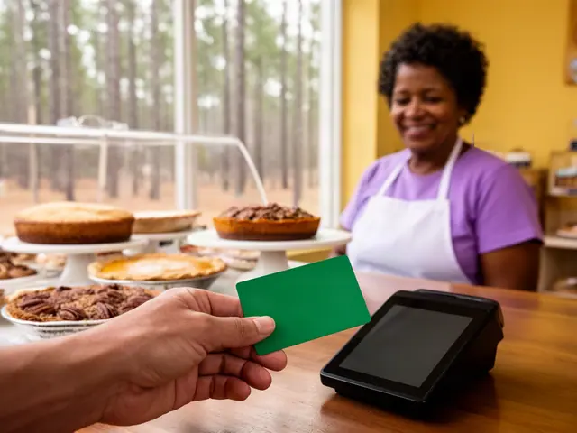Customer tapping a green card on a black terminal at a bakery counter with pecan pies