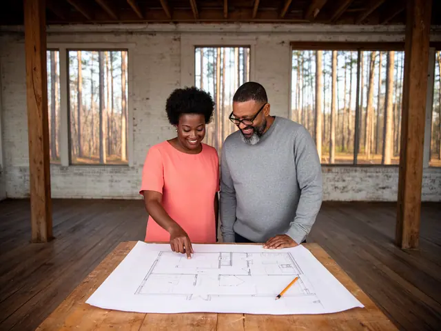 Two business partners smiling over a pencil floor-plan sketch on a wooden table in an empty brick warehouse