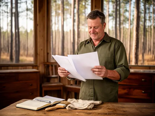 Furniture refinisher in an olive work shirt reading sheets of paper at a wooden table in his pine-view shop